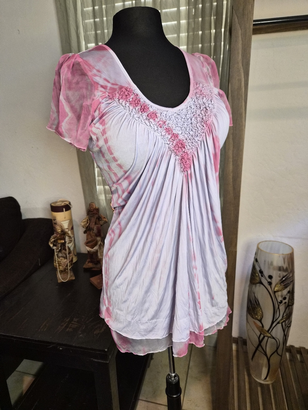 ONE WORLD Pink and Lavender Tie-Dye V-Neck Flutter Sleeve Tunic XL #0064